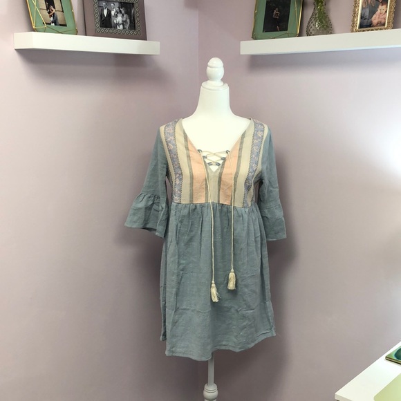 Babydoll Blue Dress with Tassel front - Picture 3 of 8